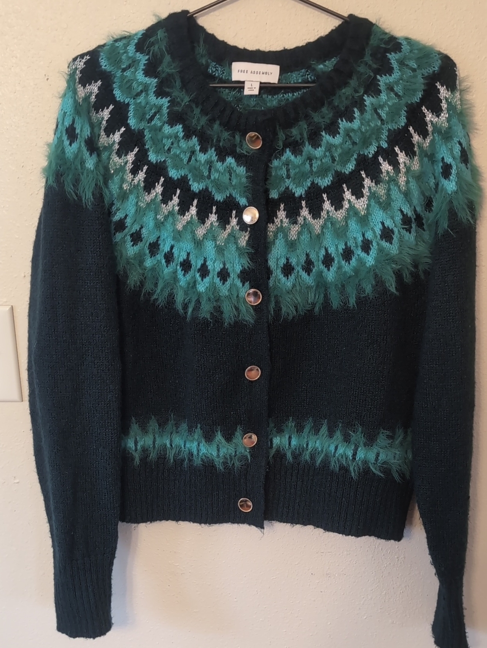 Forest Green & Teal Patterned Fair Isle Cardigan Sweater L